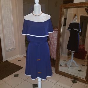 NWT! Michael Kors OTS Navy Ruffle Top Dress w/belt